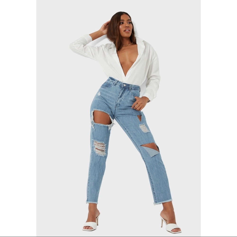 Misguided Denim Riot High Rise Slit Rip Mom Jeans - Picture 15 of 16